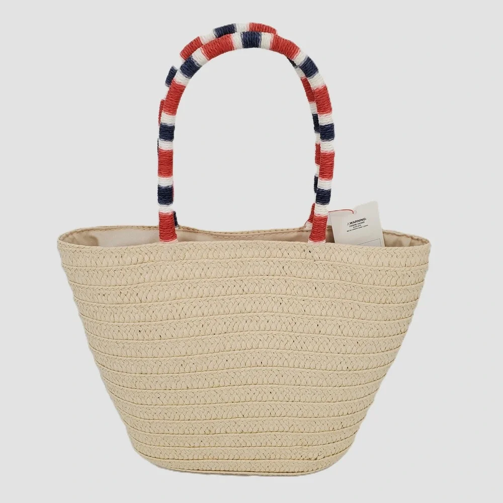 Cat & Jack Kids Straw Tote Bag Natural Sparkle and Shine Multi‎ Color New